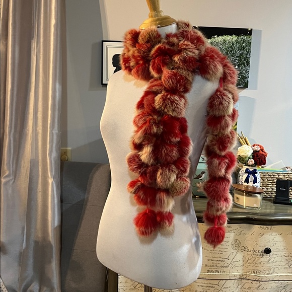 POM POM DYED RABBIT FUR SCARF NECK WARMER RED TAN - Picture 8 of 12